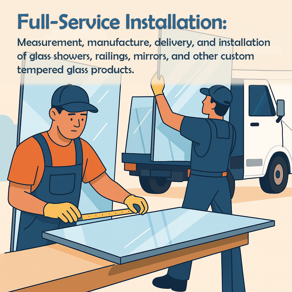 Illustration of technicians measuring and installing large tempered glass panels for showers, railings, and mirrors as part of full-service installation including delivery and custom manufacturing.