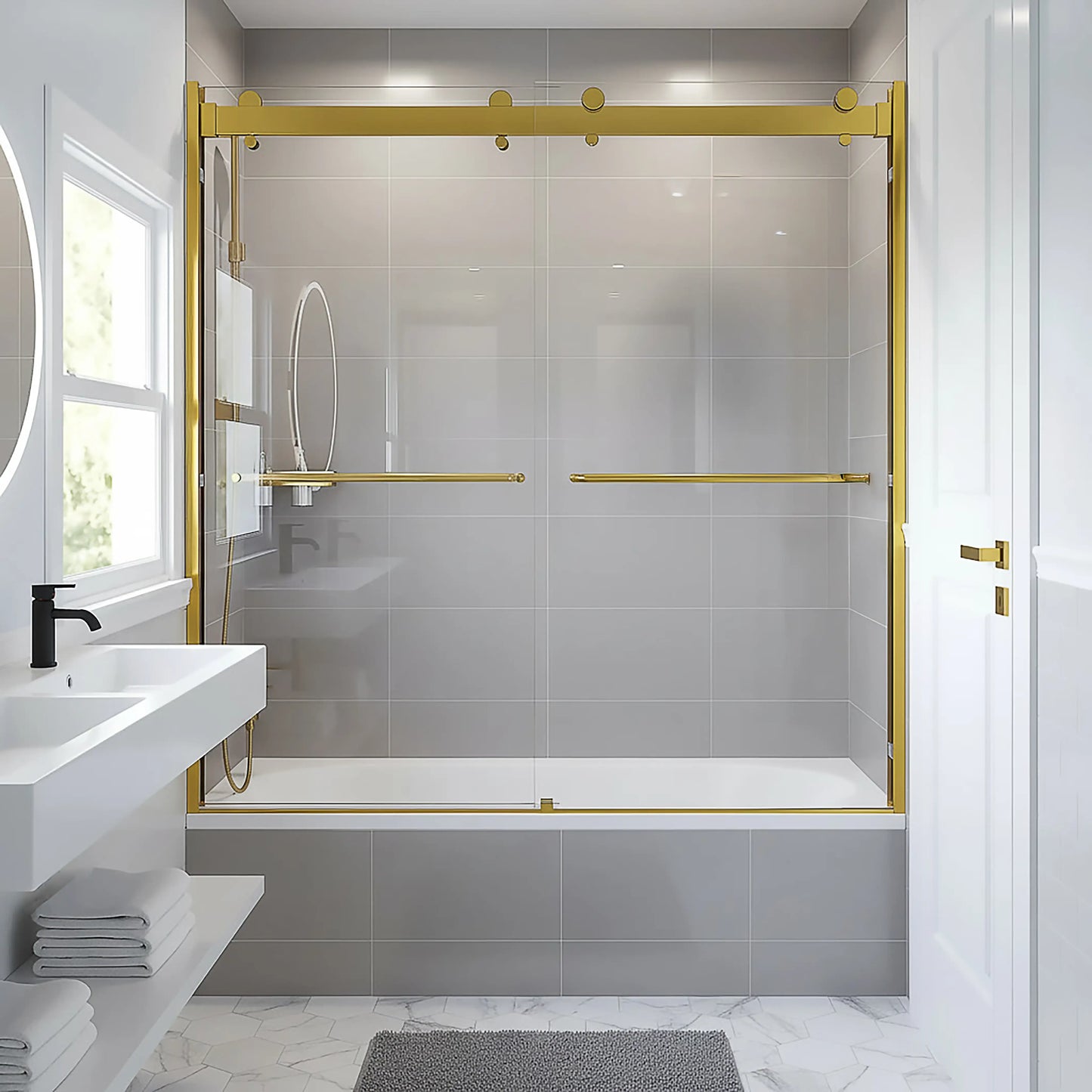 Verona Light Satin Gold Bypass Sliding Shower Door including Installation (NJ)