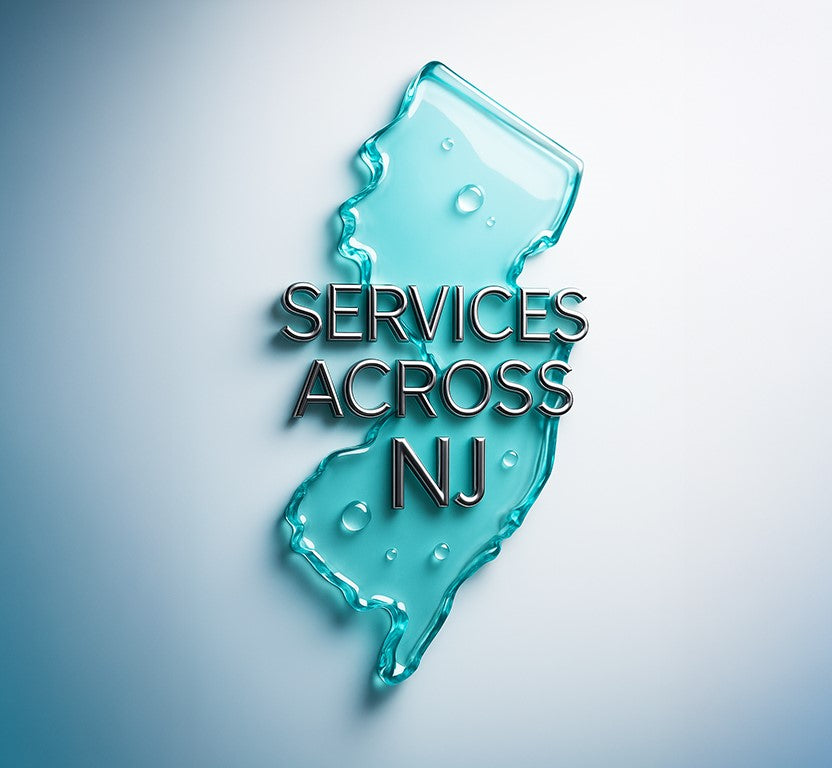 Glass-shaped outline of New Jersey with the text ‘Services Across NJ,’ representing statewide tempered glass installation and service coverage.