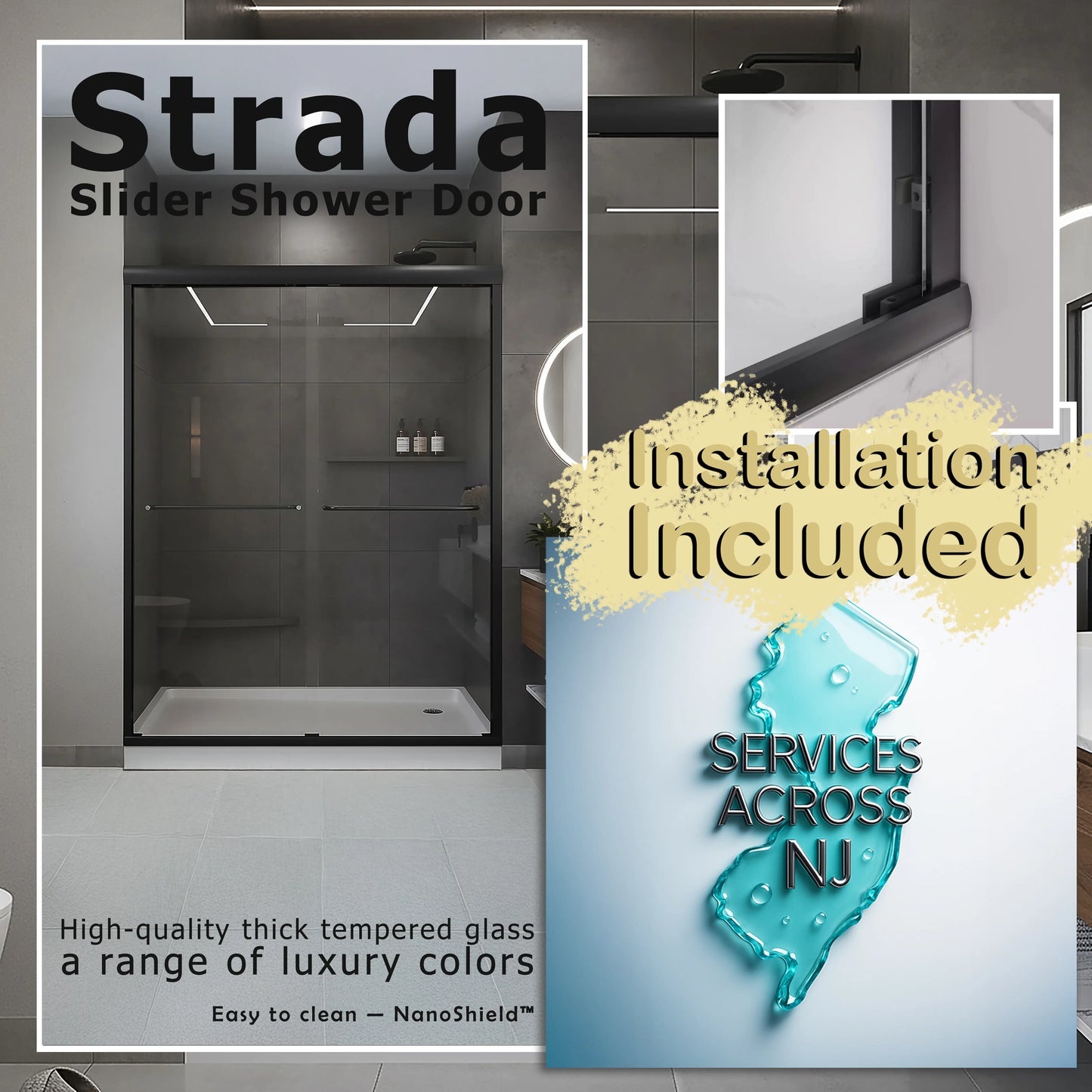 Strada Matte Black Bypass Sliding Shower Door including Installation (NJ)