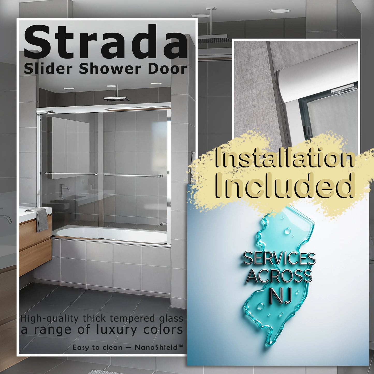 Strada  Polished Chrome Bypass Sliding Shower Door including Installation (NJ)