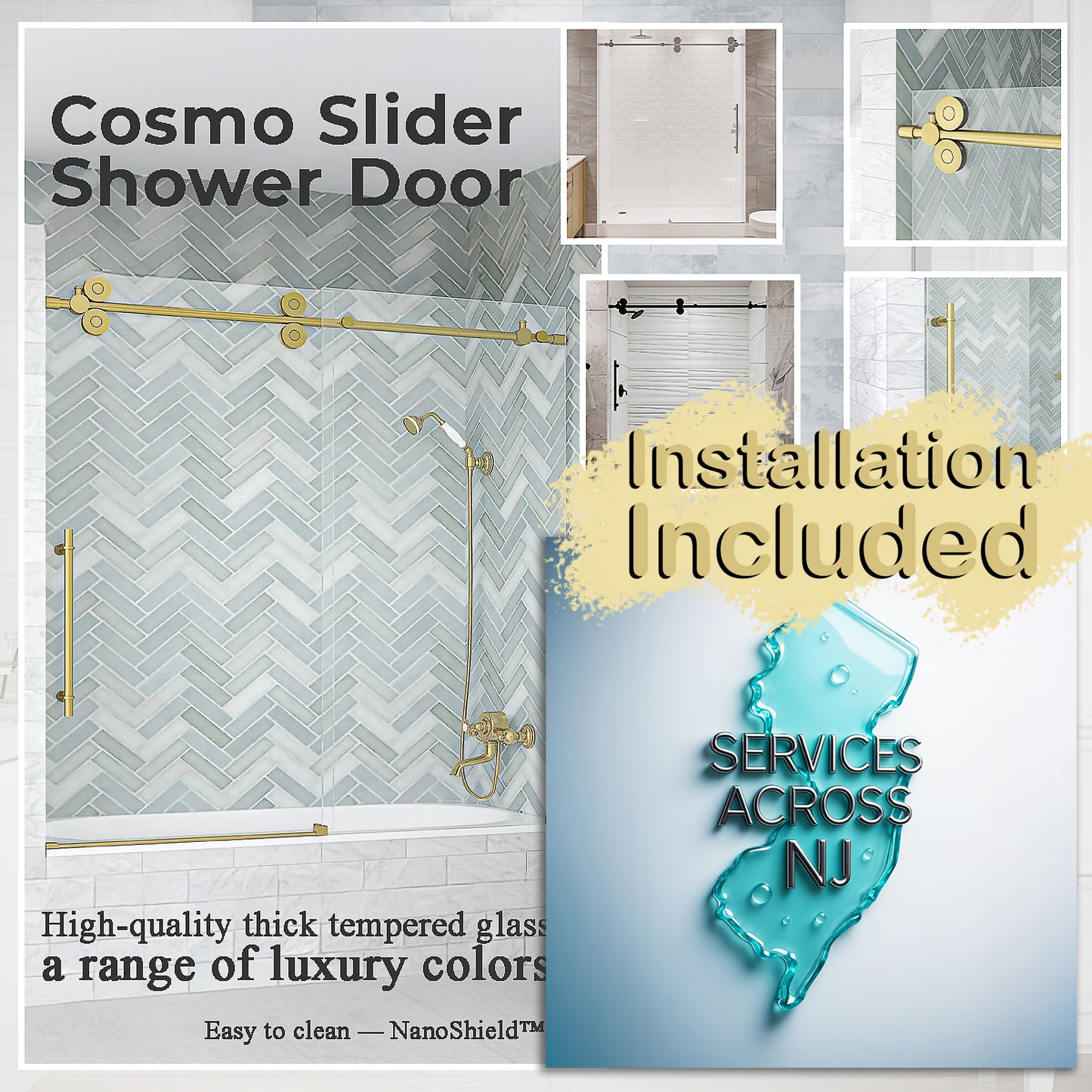 Cosmo Satin Gold Sliding Shower Door including Installation (NJ)