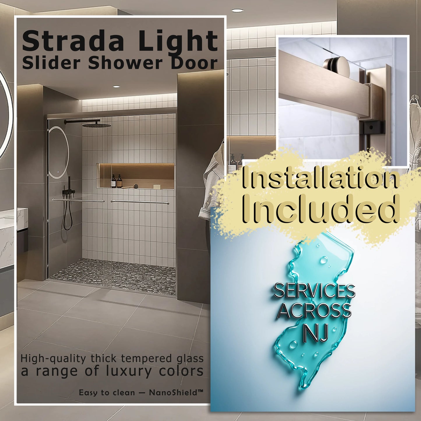 Strada Light Brushed Nickel Sliding Shower Door including Installation (NJ)