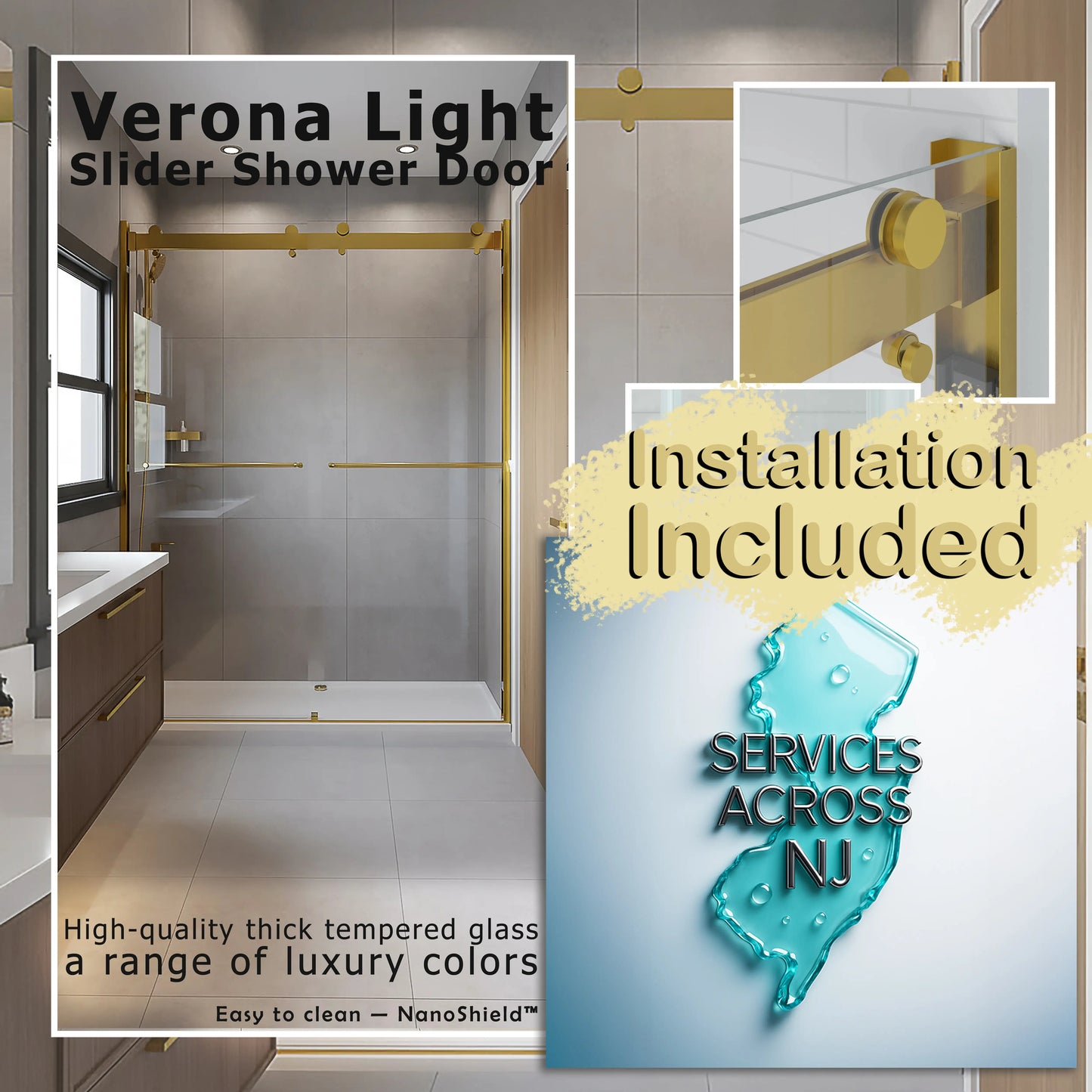 Verona Light Satin Gold Bypass Sliding Shower Door including Installation (NJ)