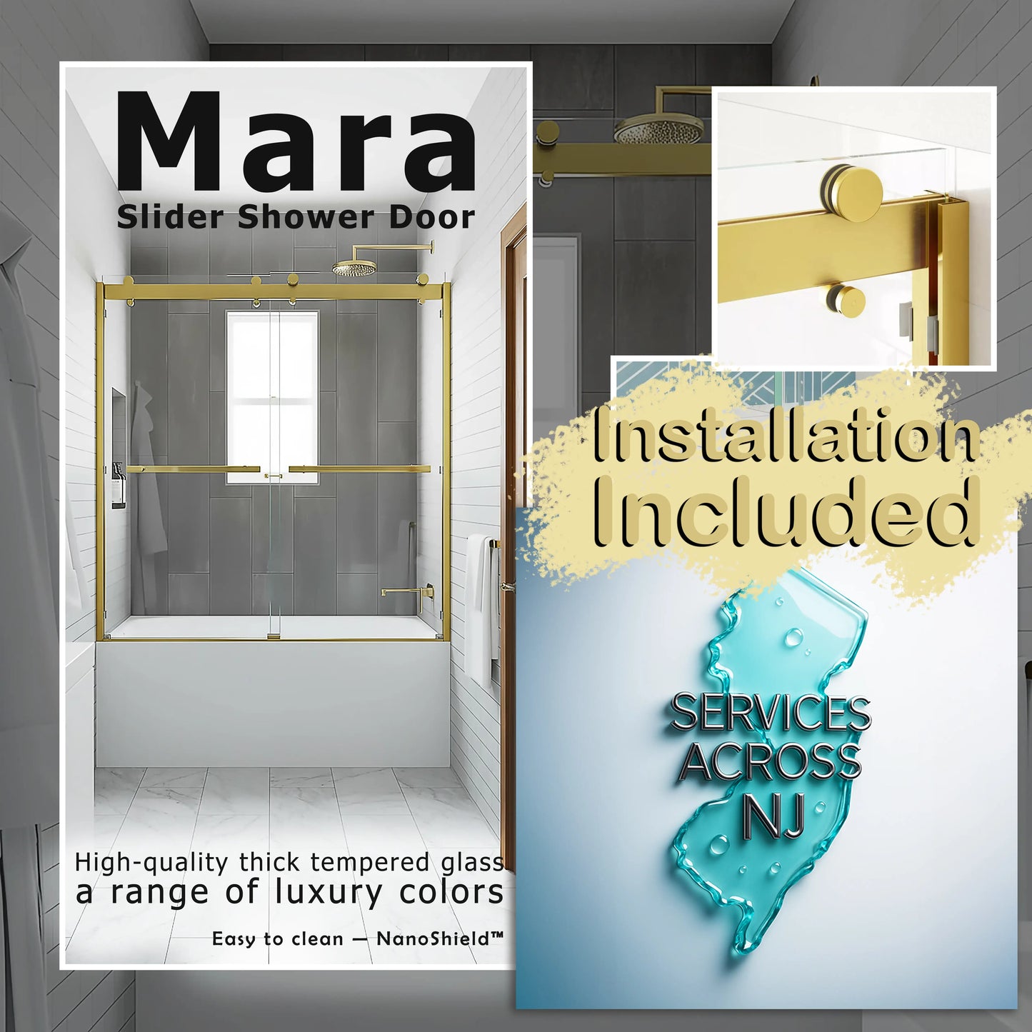 Mara Satin Gold Bypass Sliding Shower Door including Installation (NJ)