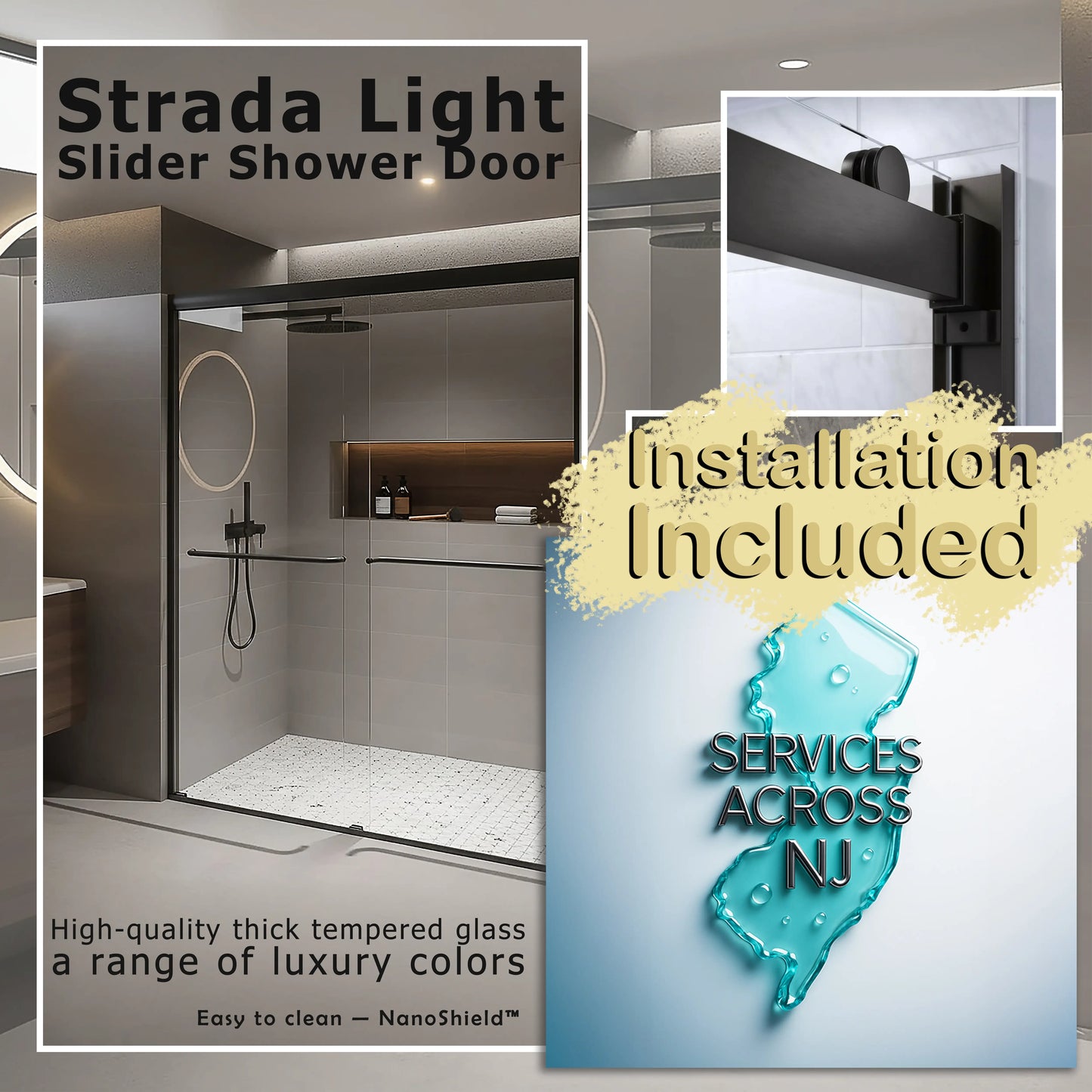 Strada Light Matte Black Sliding Shower Door including Installation (NJ)