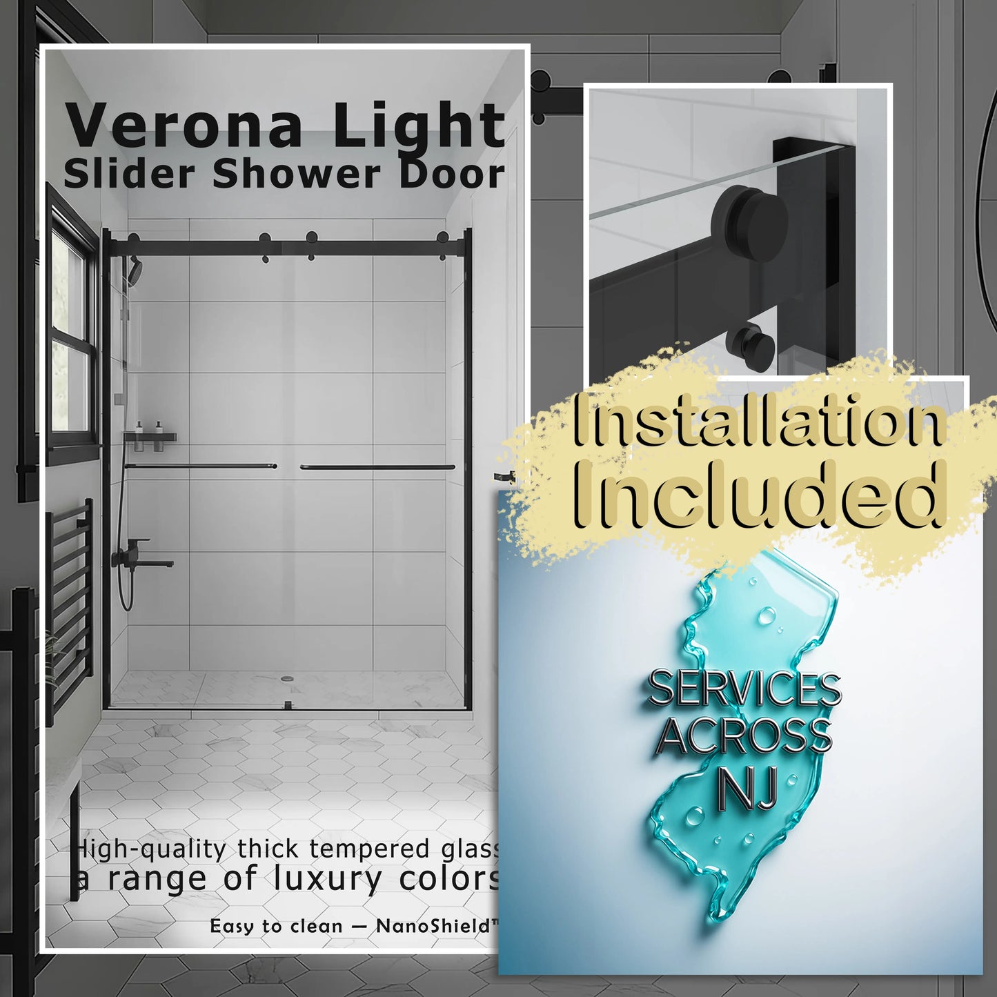 Verona Light Matte Black Bypass Sliding Shower Door including Installation (NJ)