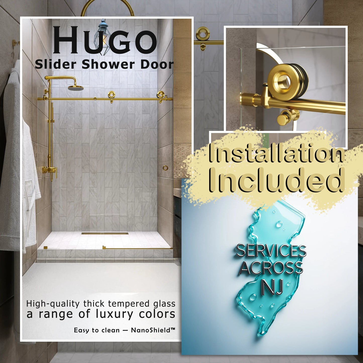 Hugo Satin Gold Sliding Shower Door including Installation (NJ)